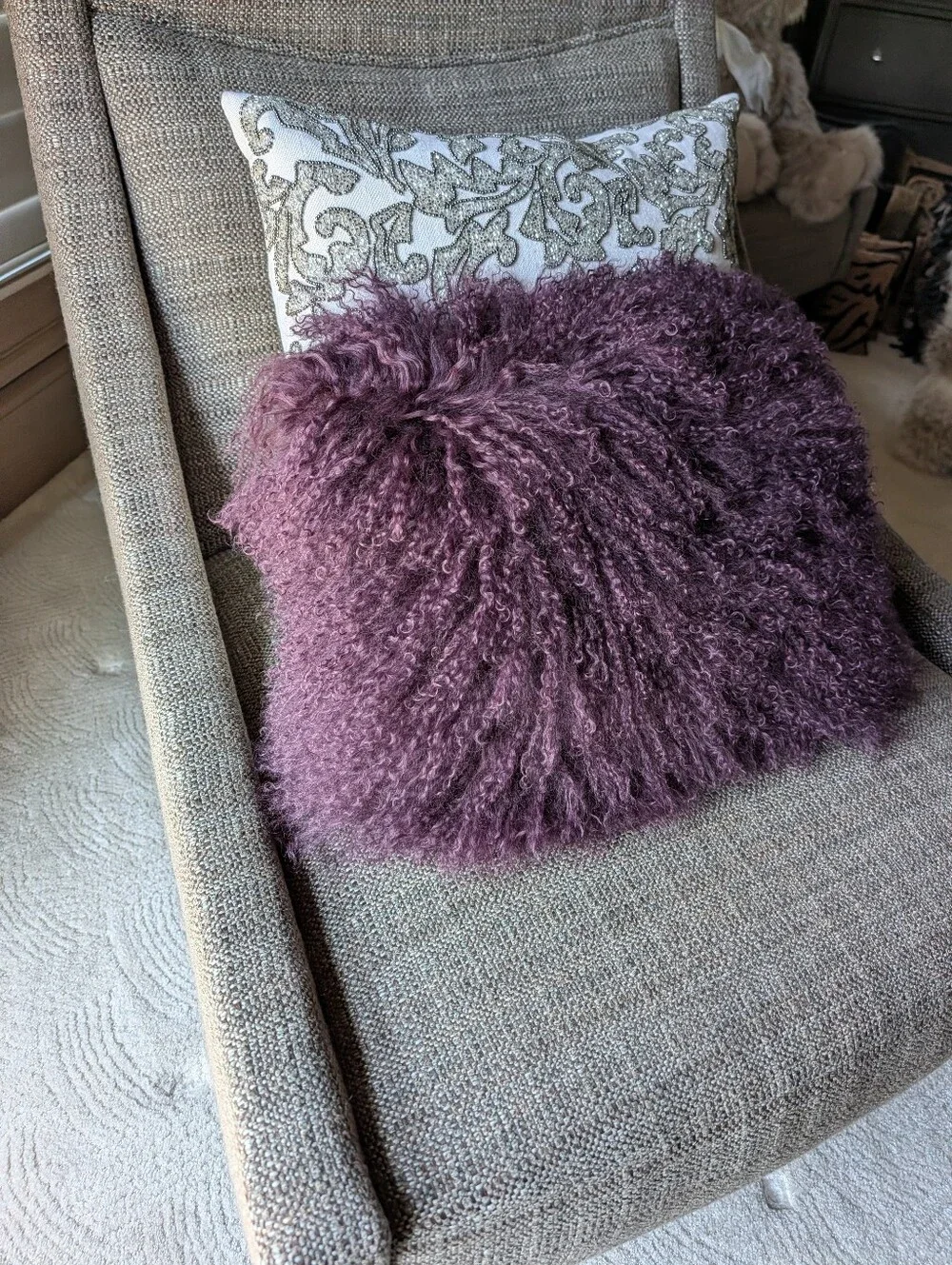 gorgeous amethyst MONGOLIAN LAMB fur pillow